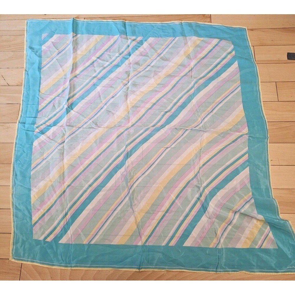 Vintage Evan Picone Silk Scarf Square Pastel Teal Pink Yellow Stripe Neck Wrap